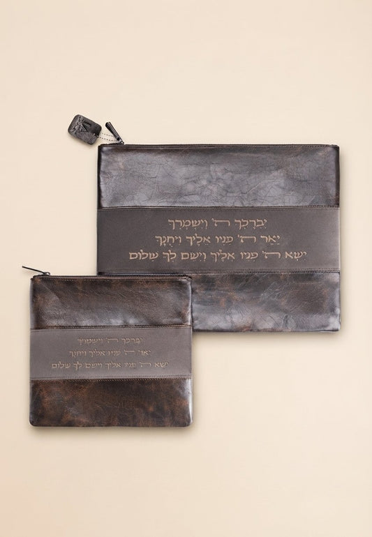סט טלית תפילין דמוי עור וקטיפה יברכך אפור