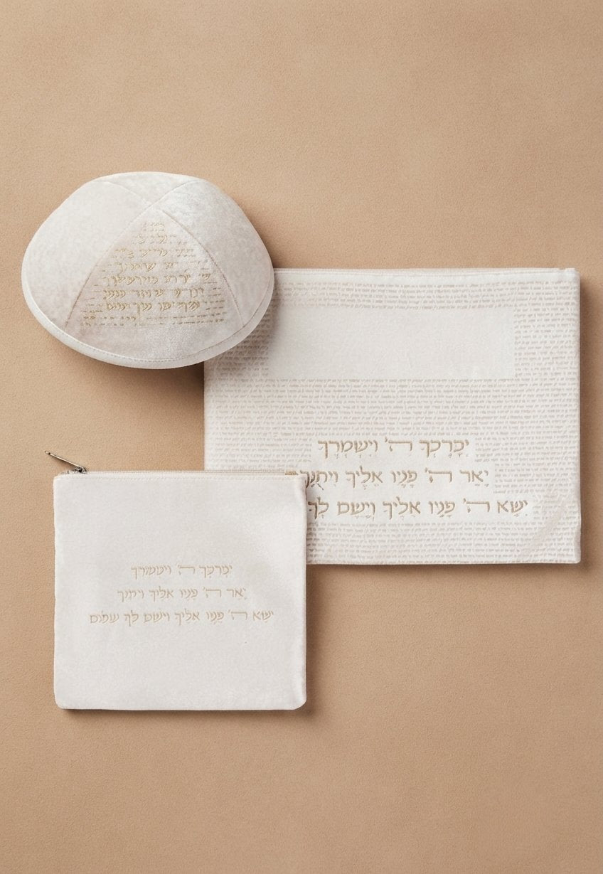 סט טלית תפילין כיפה קטיפה חריטת לייזר גוון לבן